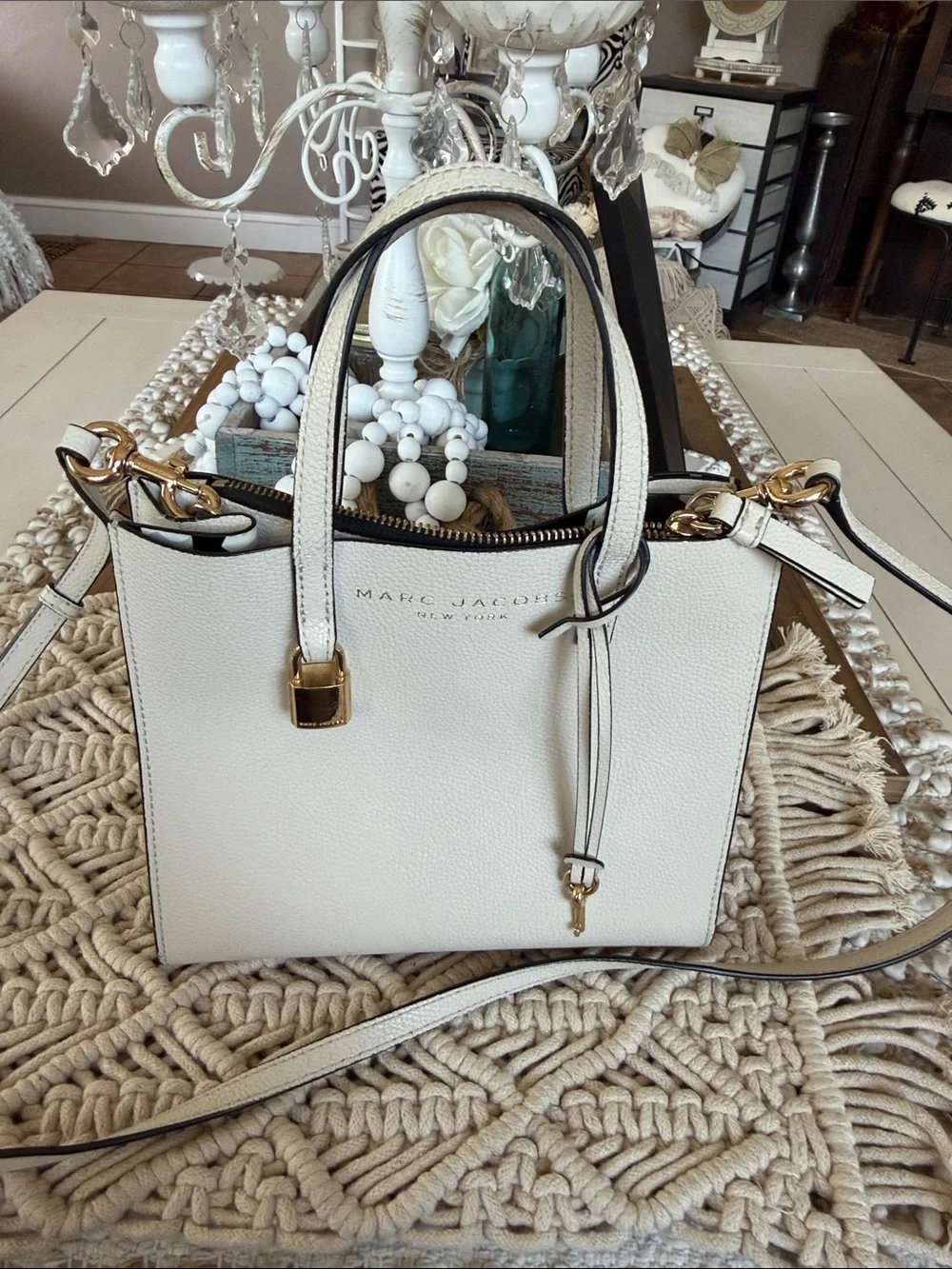 Marc Jacobs Cream Leather Top-Handle Satchel with Gold Hardware
